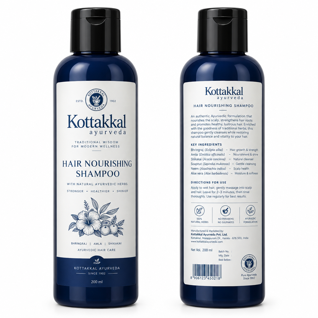Kottakkal Ayurveda Hair Nourishing Shampoo bottle showing front and back labels on white background