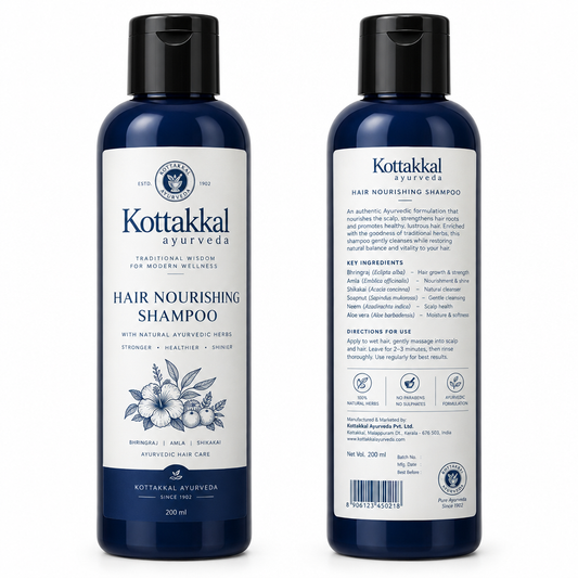 Kottakkal Ayurveda Hair Nourishing Shampoo bottle showing front and back labels on white background