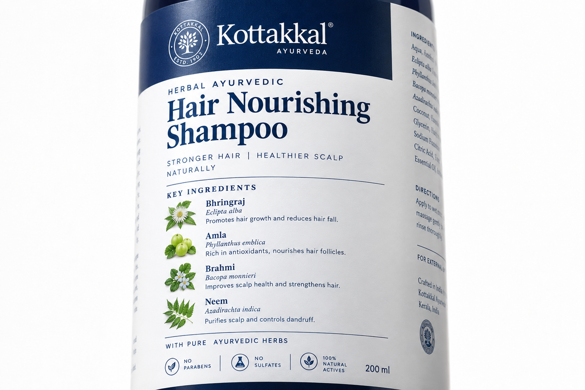 Close-up of Kottakkal Ayurveda Hair Nourishing Shampoo label showing herbal ingredients and Ayurvedic botanical names